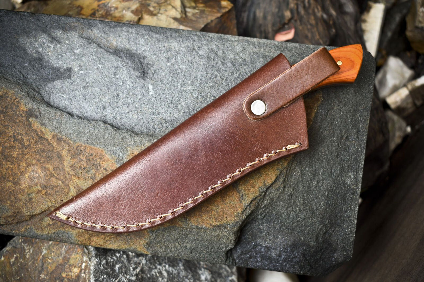 8" Custom AUS-8 Steel Skinner Knife – Hardwood Handle, Wooden Bolster, Leather Sheath, Hunter Rare