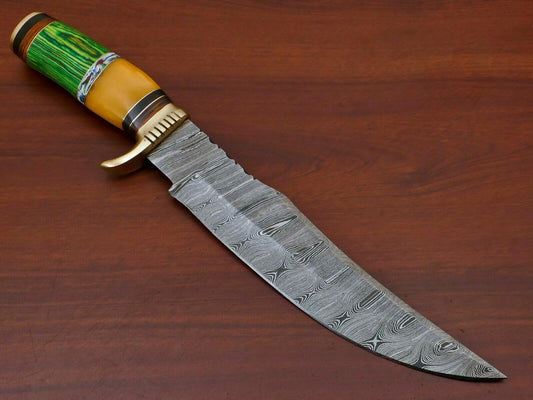 Handmade Damascus Bowie Hunting Knife – Stained Bone & Pakka Wood Handle, 14"