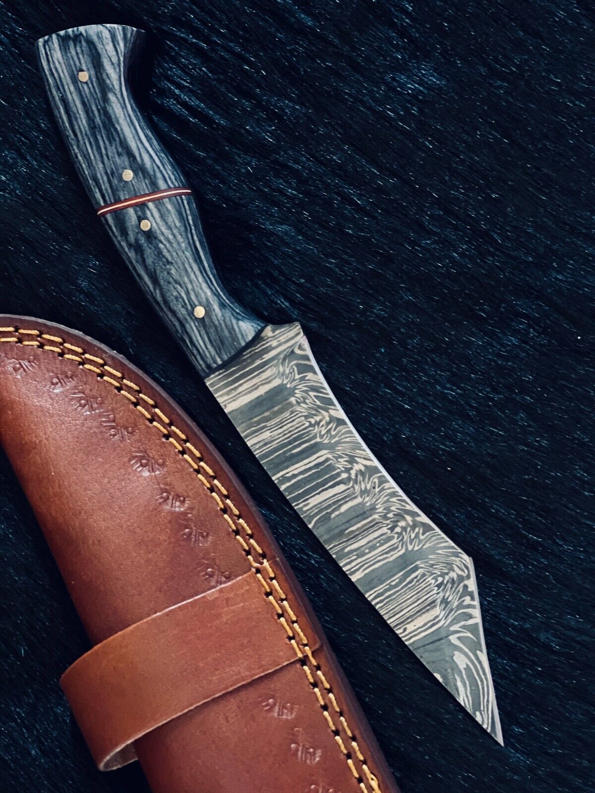Heritage Forge 9.5 Inch Fire Damascus Tanto Knife with Camel Bone and Wood Handle