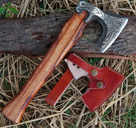 Custom Handmade Carbon Steel 14" Viking Axe – Real Hatchet with Leather Sheath
