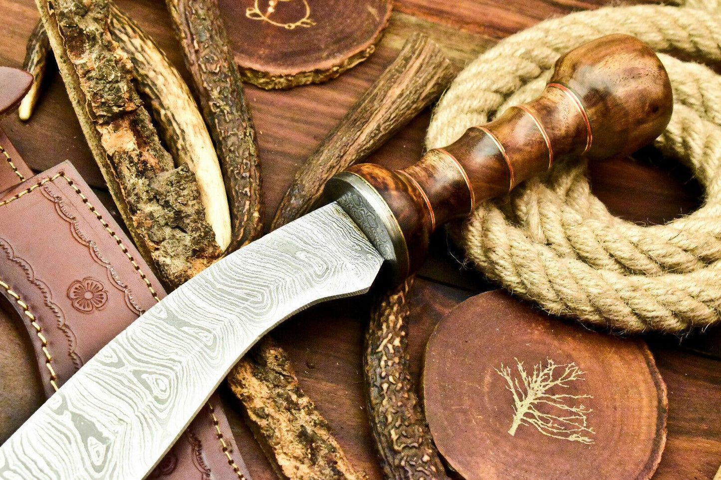 16" Handmade Damascus Bowie Knife with Walnut Wood Handle & Leather Sheath