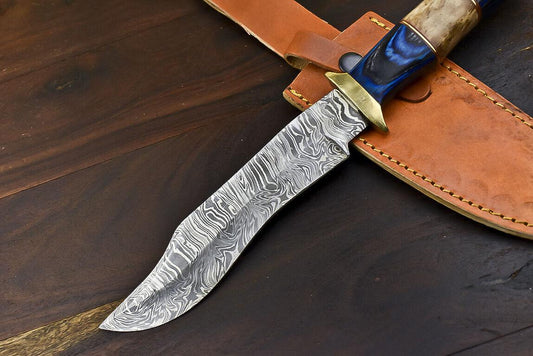 12.5" Damascus Steel Bowie Knife with Hardwood Handle – Handmade Outdoor Hunting Blade