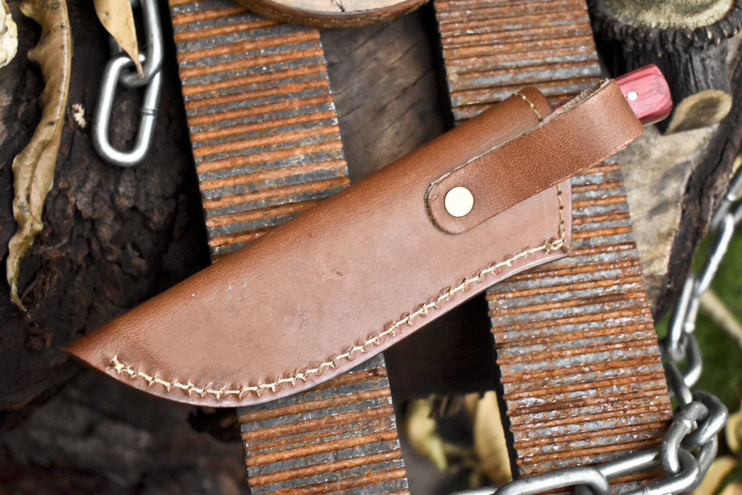 Hand Forged Rain Drop Damascus Skinner Knife – Hardwood Handle with Wooden Bolster & Leather Sheath