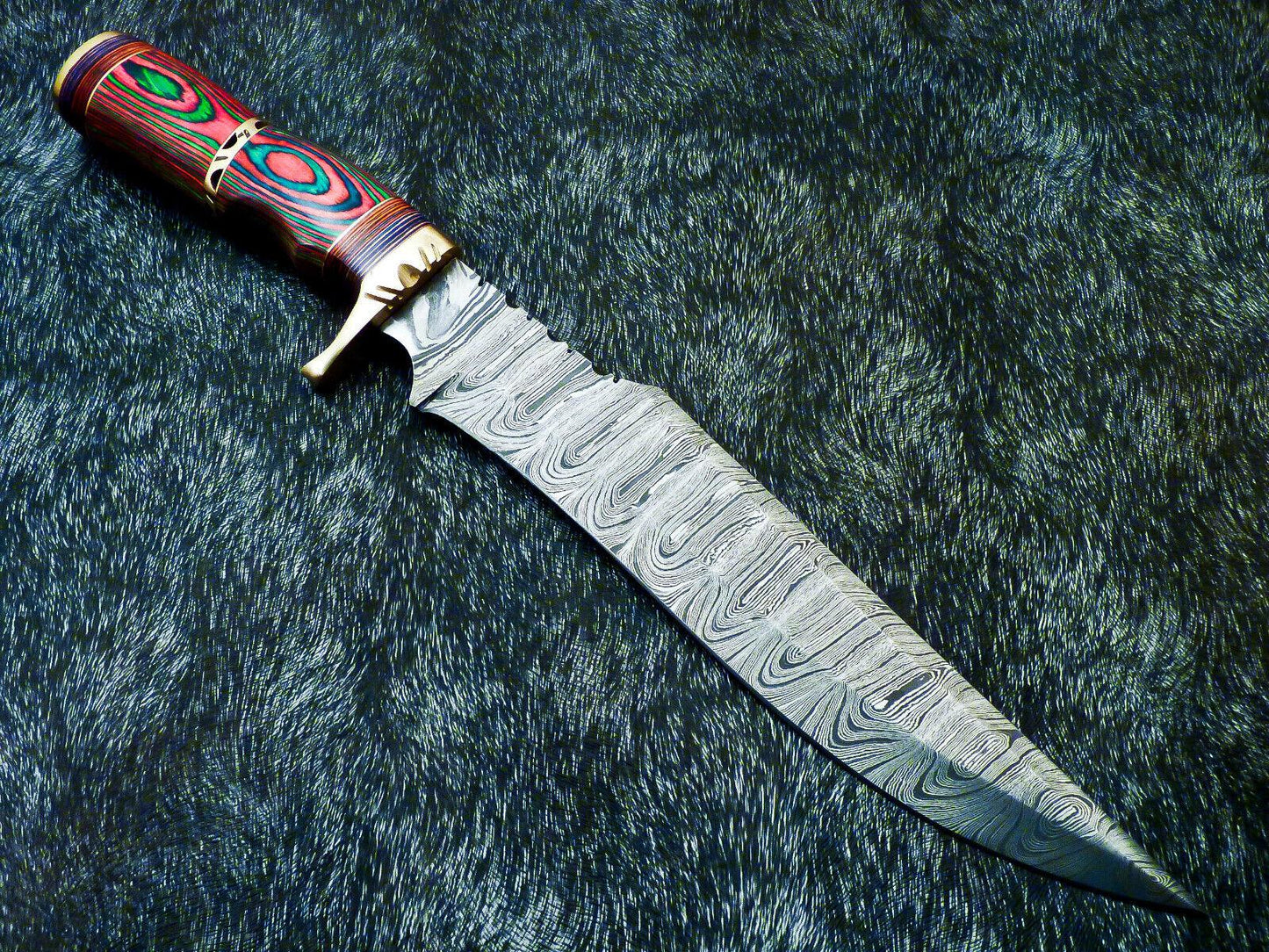 15" Hand-Forged Damascus Steel Bowie Hunting Knife – Multicolor Wood Handle & Leather Sheath