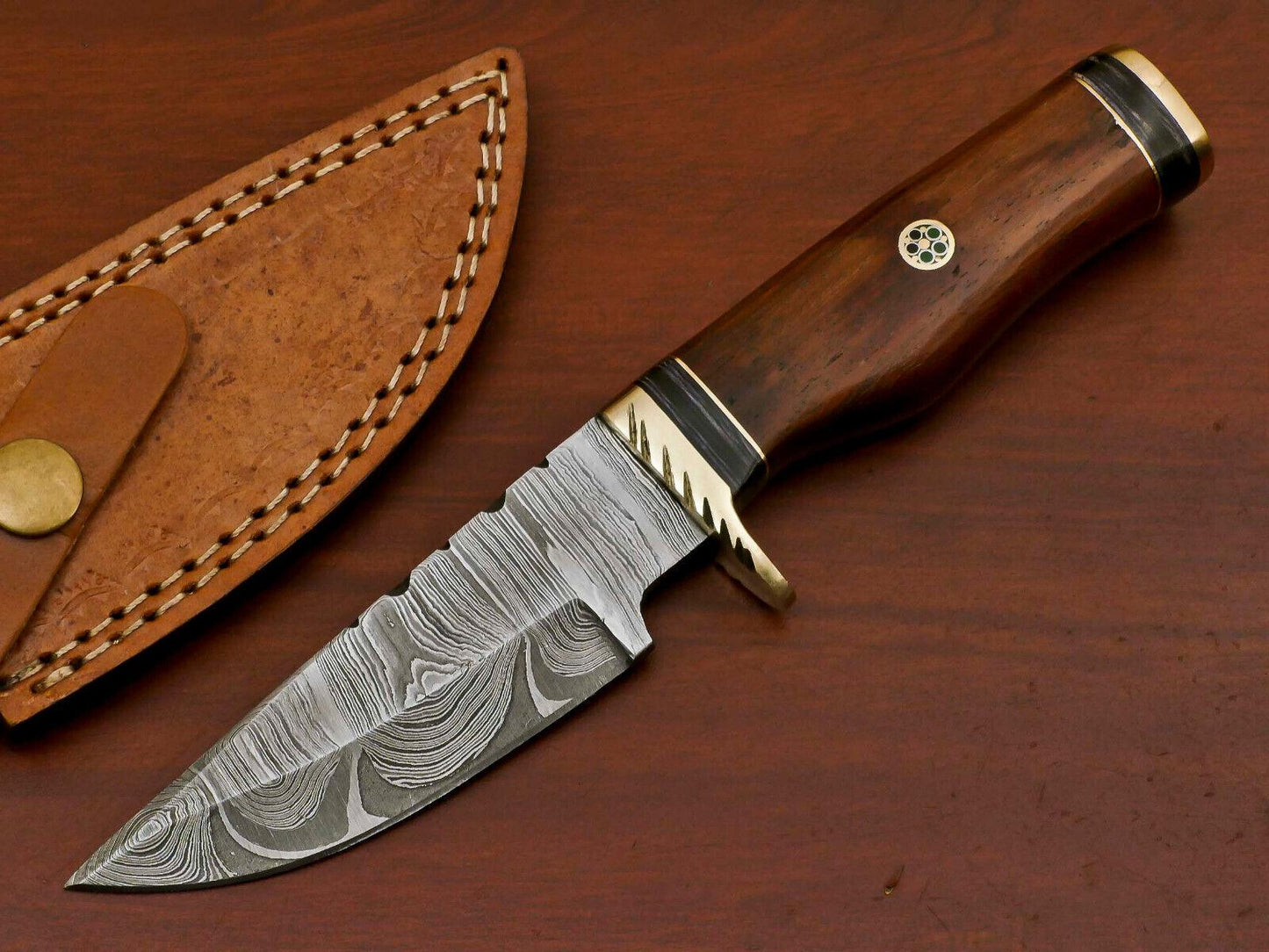 8" Damascus Bowie Hunting Knife – Rosewood & Pakka Wood Handle with Brass Guard