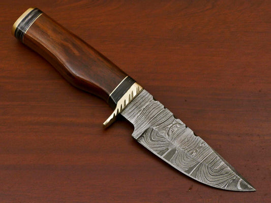 8" Damascus Bowie Hunting Knife – Rosewood & Pakka Wood Handle with Brass Guard