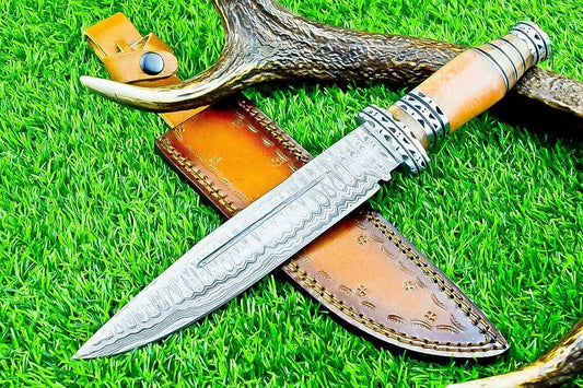 12.5 Inch Damascus Steel Bowie Knife with Resin Handle and Engraved Steel Bolster