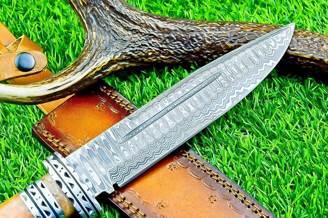 12.5 Inch Damascus Steel Bowie Knife with Resin Handle and Engraved Steel Bolster
