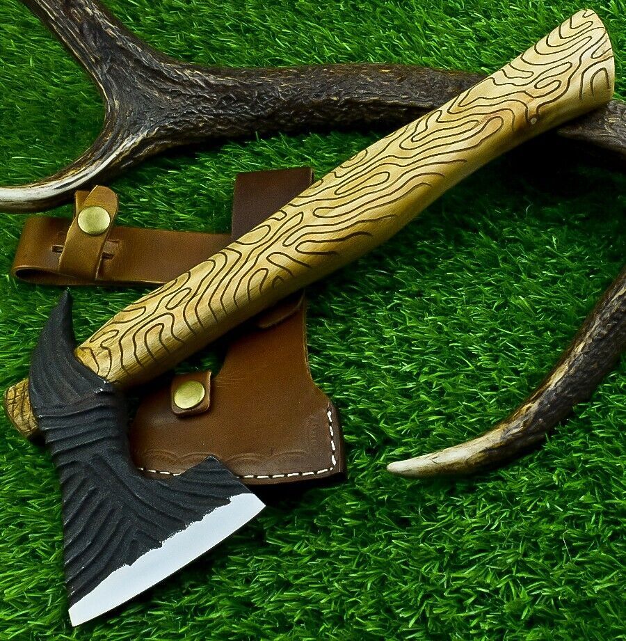 Hand Forged 13 Inch Viking Carbon Steel Axe with Natural Wood Handle and Sheath