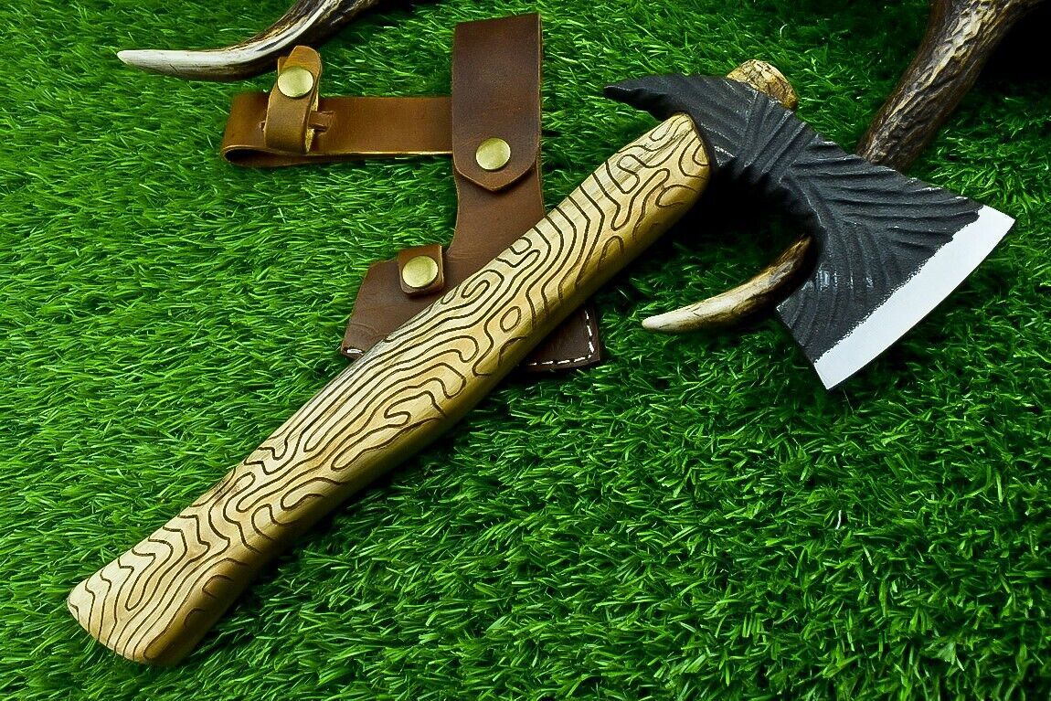 Hand Forged 13 Inch Viking Carbon Steel Axe with Natural Wood Handle and Sheath
