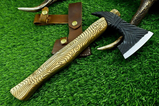 Hand Forged 13 Inch Viking Carbon Steel Axe with Natural Wood Handle and Sheath