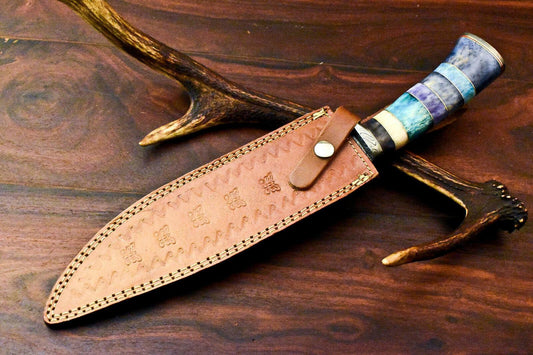 14.5" Handmade Damascus Bowie Knife – Camel Bone Handle & Leather Sheath