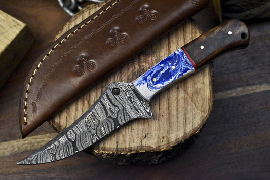 9" Twist Damascus Skinner Knife with Mixed Handle for Hunting and Camping