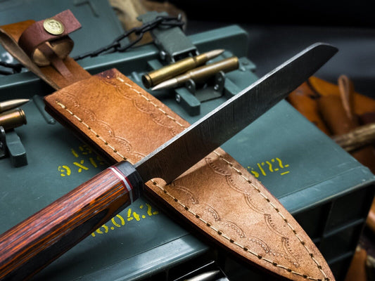 Damascus Steel Kitchen Chef Knife with Wood Handle & Cow Leather Sheath