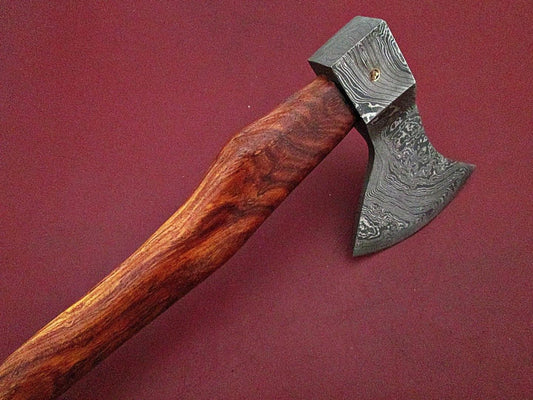 Custom Handmade Damascus Axe with Walnut Wood Handle and Leather Sheath