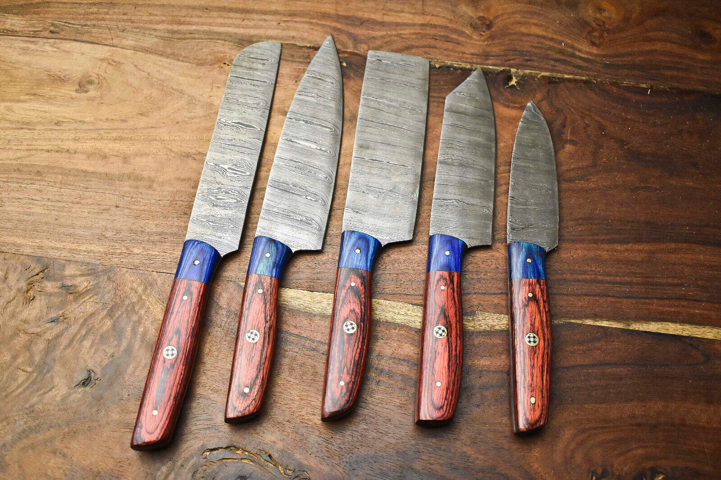 Custom Lot of 5 Handmade Hammered Damascus Steel Blade Chef Set Knives