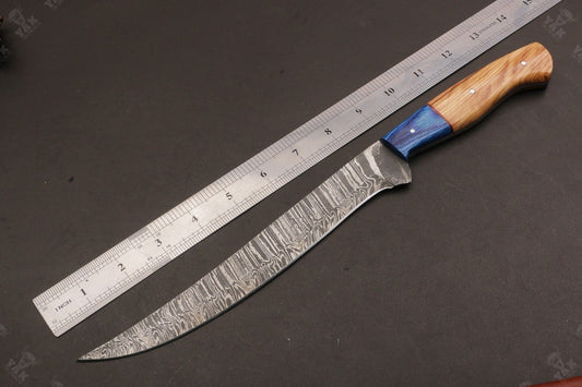 14" Handmade Damascus Fillet Knife Fire Damascus Steel Fillet Knife W/Sheath