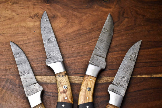 Custom Lot of 4 Handmade Hammered Damascus Steel Chef Knife Set