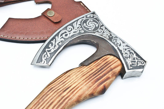 Handmade Etched High Carbon Steel Viking Axe with Ashwood Paracord Handle and Leather Sheath