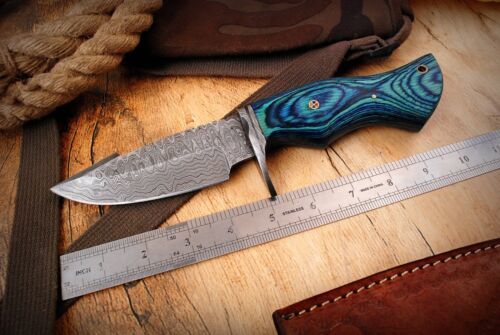 10" Handmade Damascus Fixed Blade Tracker Knife – Survival, Hunting, Camping & Fishing Knife with Wood Handle & Leather Sheath
