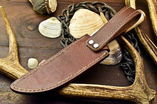 11" Laser Etched Damascus Bowie Knife | Camel Bone Handle + Sheath