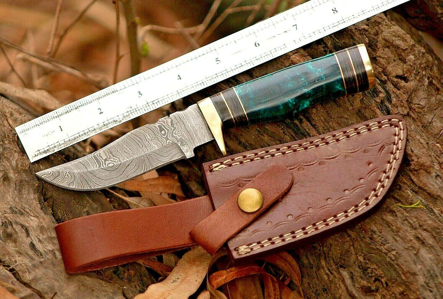 Handmade Damascus Steel Bowie Knife – Resin & Brass Guard Handle, 8" Blade