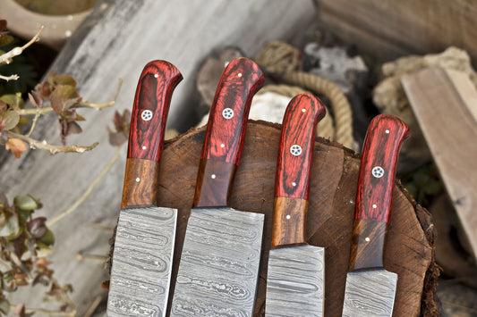 Lot of 4 Handmade Damascus Chef Knives – 12" Hand Forged Kitchen Knife with Hardwood Handle & Leather Sheath