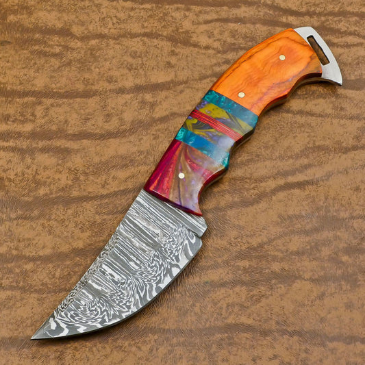 Heritage Forge Handmade Damascus Skinner Hunting Knife with Resin and Wood Handle – Custom Fixed Blade Knife