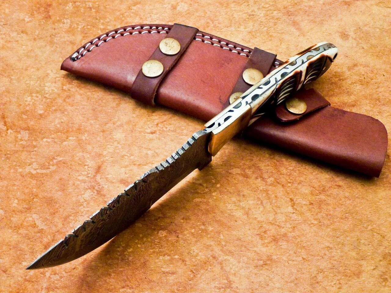 10 Inch Full Tang Damascus Bowie Knife with Engraved Camel Bone Handle