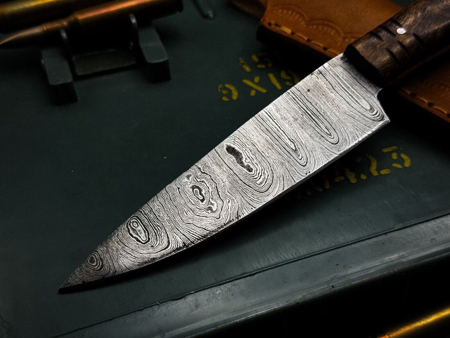 Handmade Damascus Steel Kitchen Chef Cutting Knife – Wood Handle with Leather Sheath