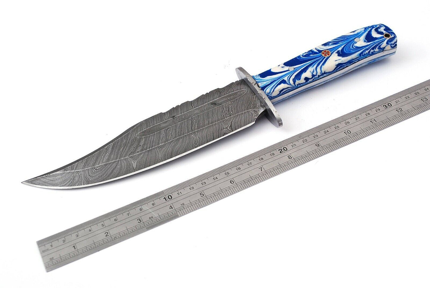 10" Handmade Damascus Steel Full Tang Hunting Bowie Knife – Resin Handle, Twist Pattern, With Leather Sheath