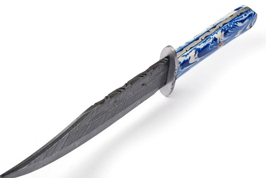 10" Handmade Damascus Steel Full Tang Hunting Bowie Knife – Resin Handle, Twist Pattern, With Leather Sheath