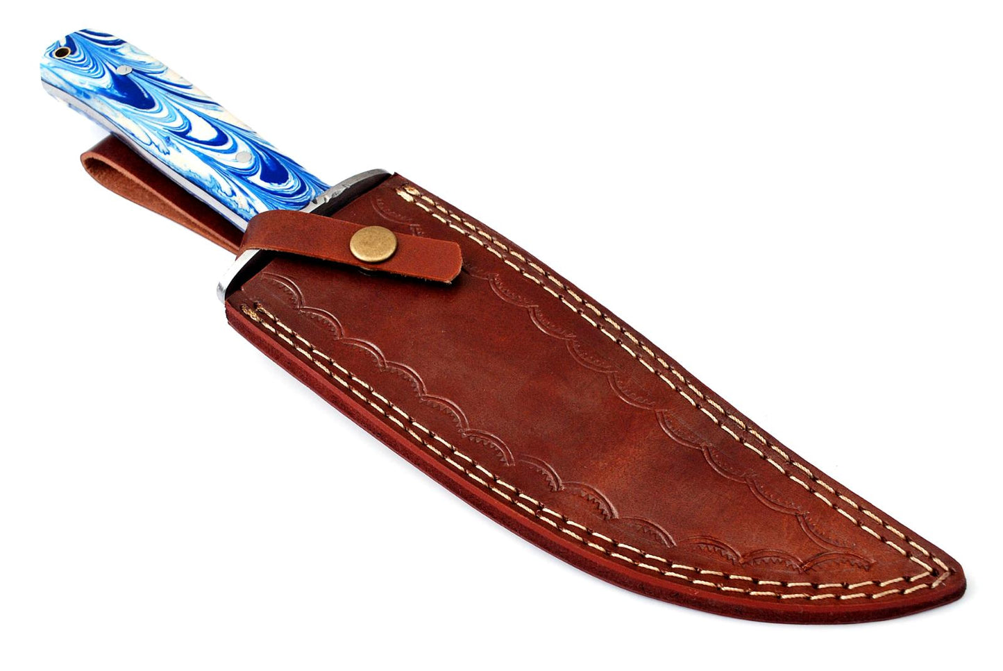 10" Handmade Damascus Steel Full Tang Hunting Bowie Knife – Resin Handle, Twist Pattern, With Leather Sheath