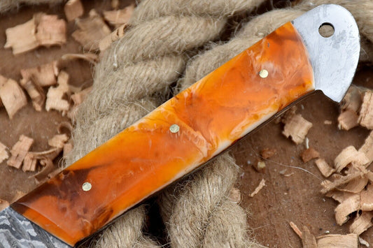 Handmade Custom Damascus Steel Chef Knife – Full Tang Kitchen Knife with Orange Raisin Handle