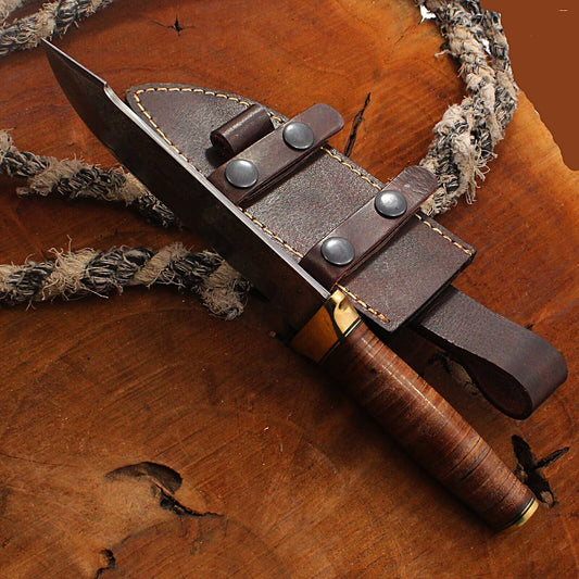 11.5" Custom Rain Drop Damascus Bowie Knife – Bone Handle & Leather Sheath