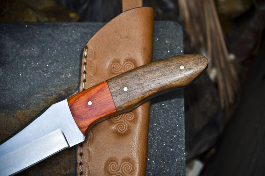 9.5" Hand Forged AUS-8 Steel Skinner Knife – Walnut Wood Handle with Leather Sheath