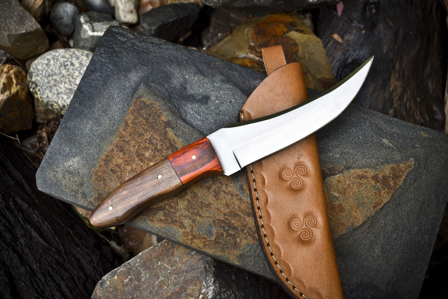 9.5" Hand Forged AUS-8 Steel Skinner Knife – Walnut Wood Handle with Leather Sheath