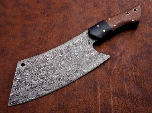 Handmade Damascus Steel Rain Drop Pattern Cleaver Knife With Sheath