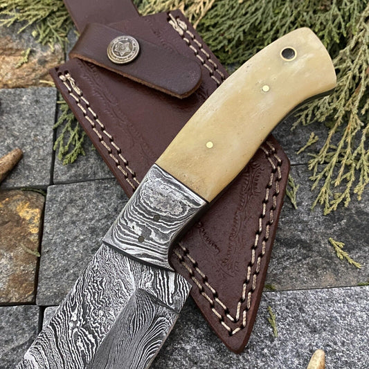 9" Damascus Cleaver Bowie Knife with Camel Bone Handle & Leather Sheath