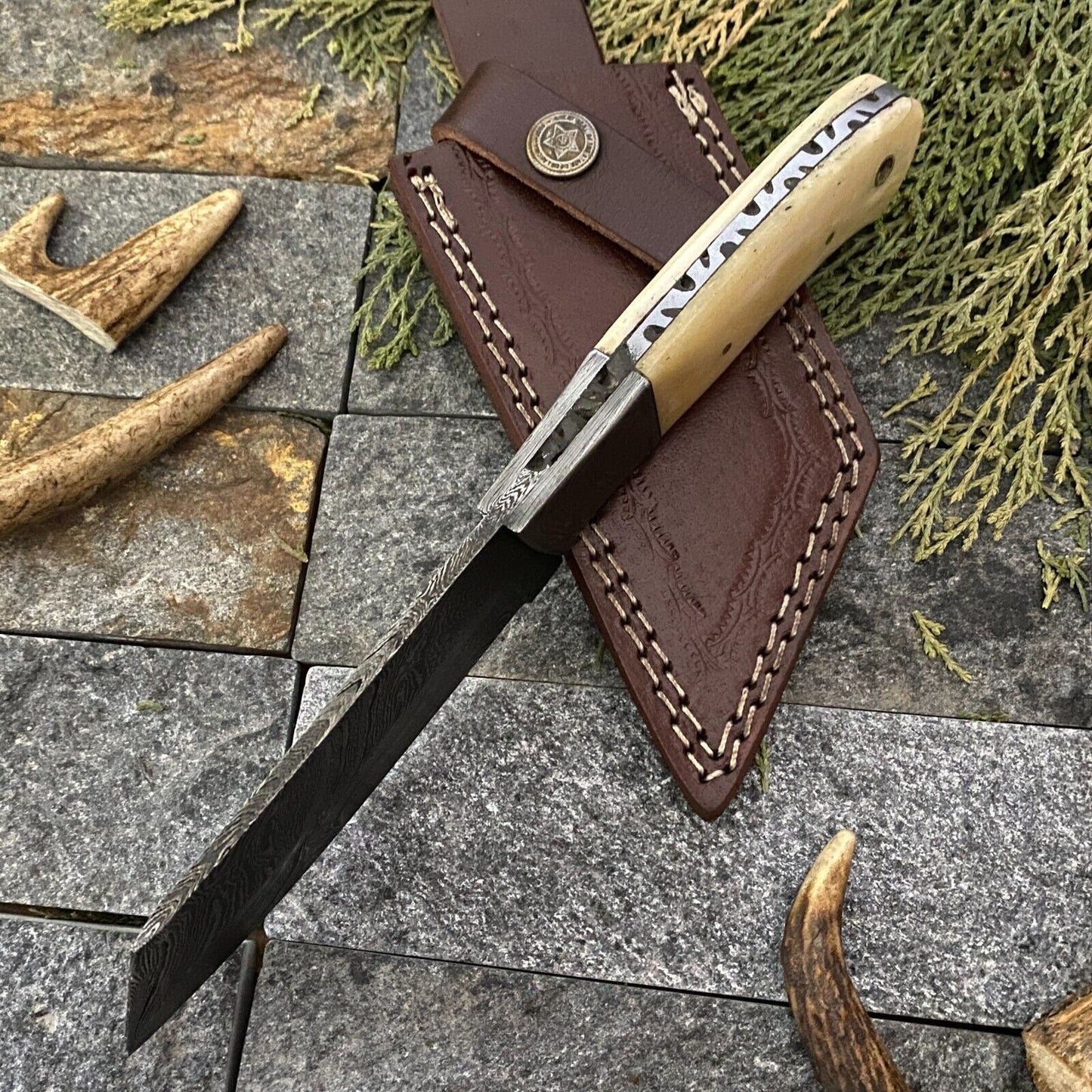 9" Damascus Cleaver Bowie Knife with Camel Bone Handle & Leather Sheath
