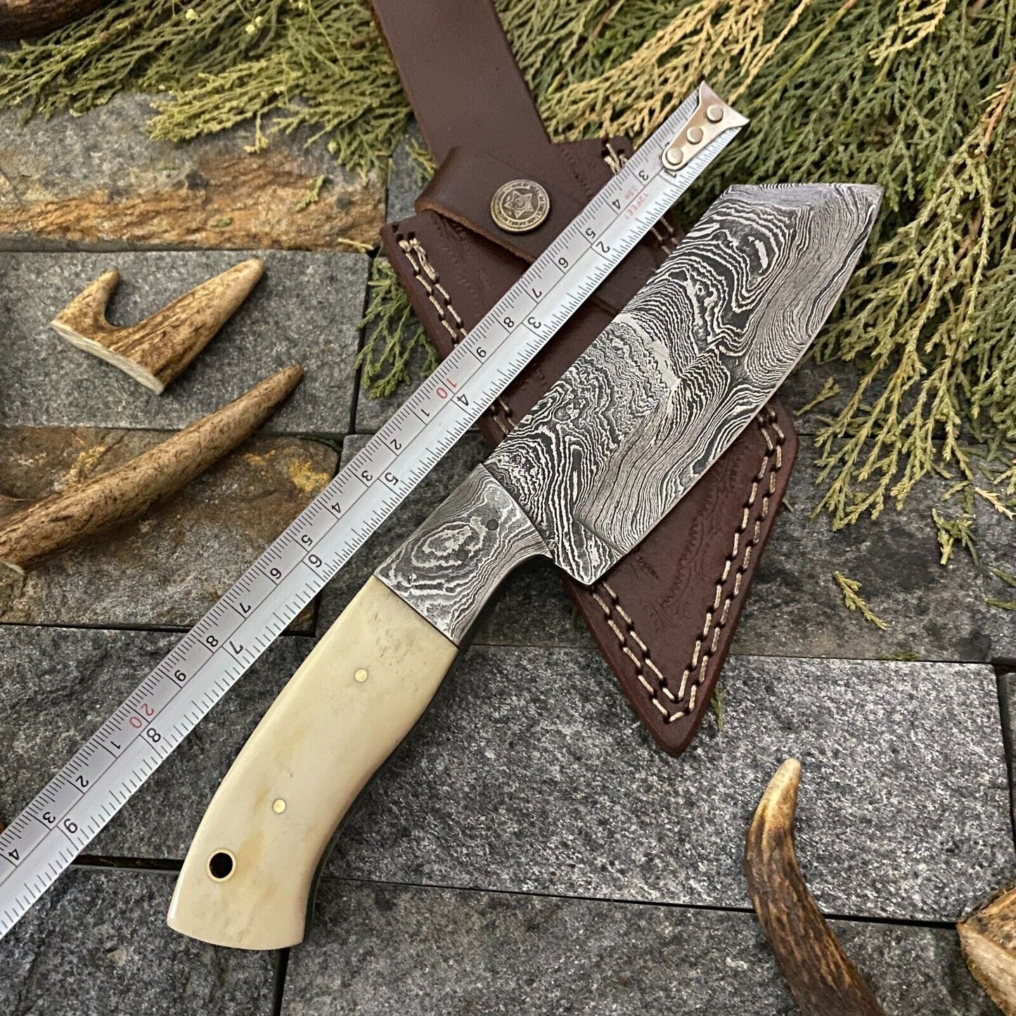 9" Damascus Cleaver Bowie Knife with Camel Bone Handle & Leather Sheath