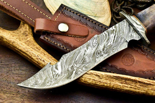 12" Damascus Steel Bowie Knife with Camel Bone Handle & Leather Sheath