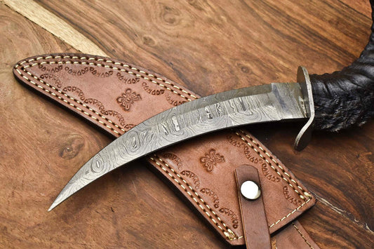 Heritage Forge Ramhorn Ridge Damascus Bowie Knife with Ram's Horn Handle