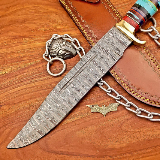 17 Inch Custom Handmade Damascus Steel Bowie Knife with Resin Handle and Casted Steel Bolster