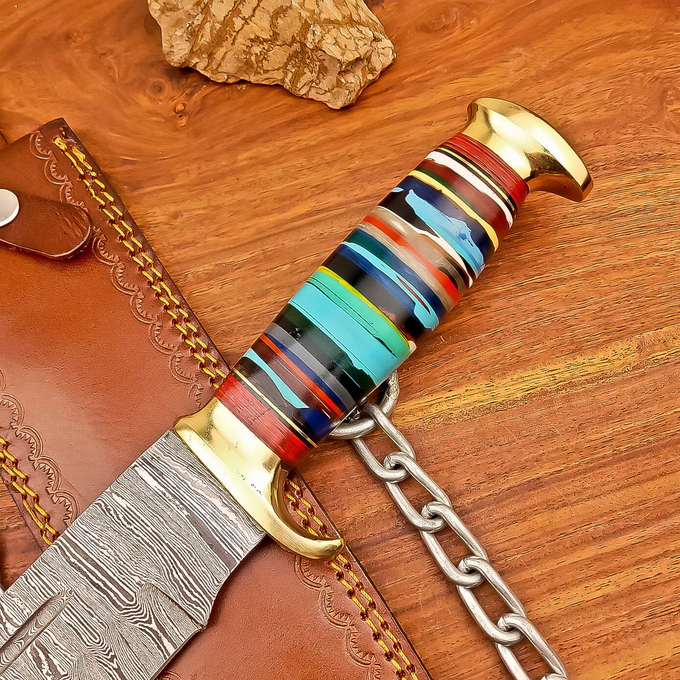 17 Inch Custom Handmade Damascus Steel Bowie Knife with Resin Handle and Casted Steel Bolster
