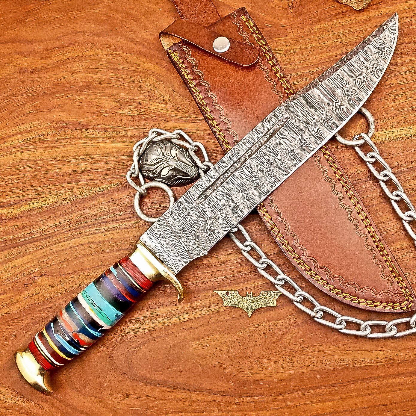 17 Inch Custom Handmade Damascus Steel Bowie Knife with Resin Handle and Casted Steel Bolster