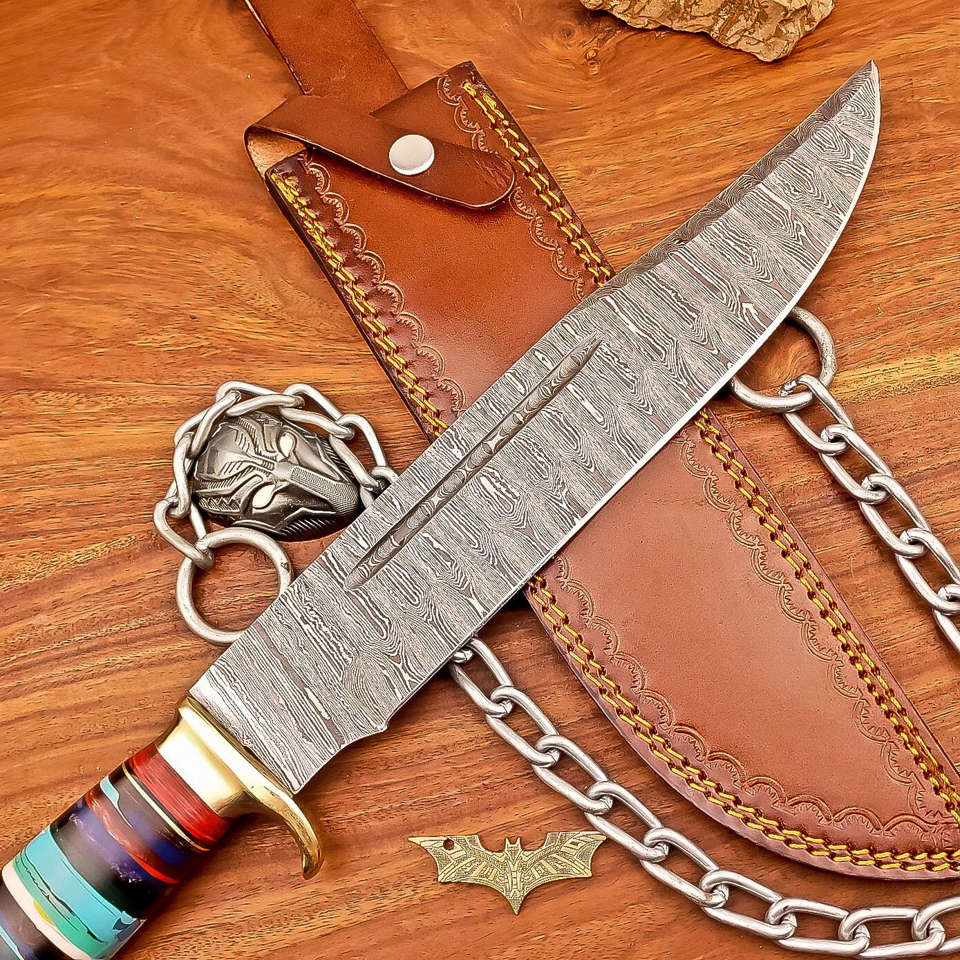 17 Inch Custom Handmade Damascus Steel Bowie Knife with Resin Handle and Casted Steel Bolster