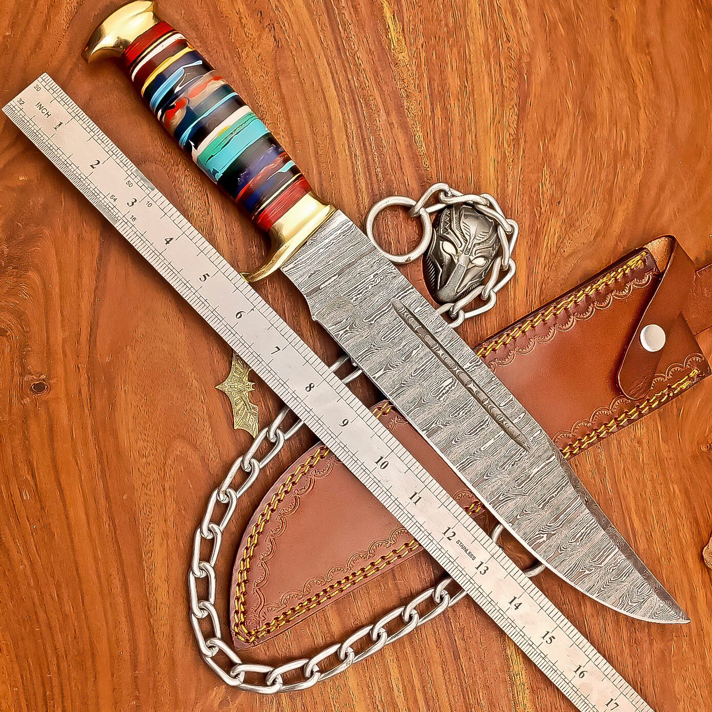 17 Inch Custom Handmade Damascus Steel Bowie Knife with Resin Handle and Casted Steel Bolster