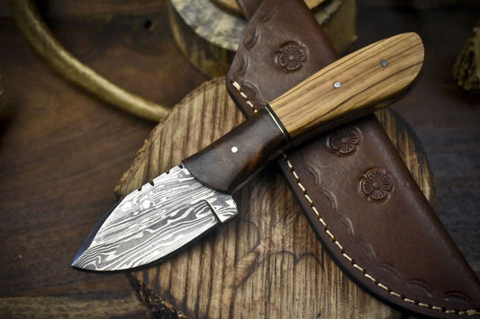 Twist Damascus Skinner Knife with Hardwood Handle and Wooden Bolster – Survival Fixed Blade