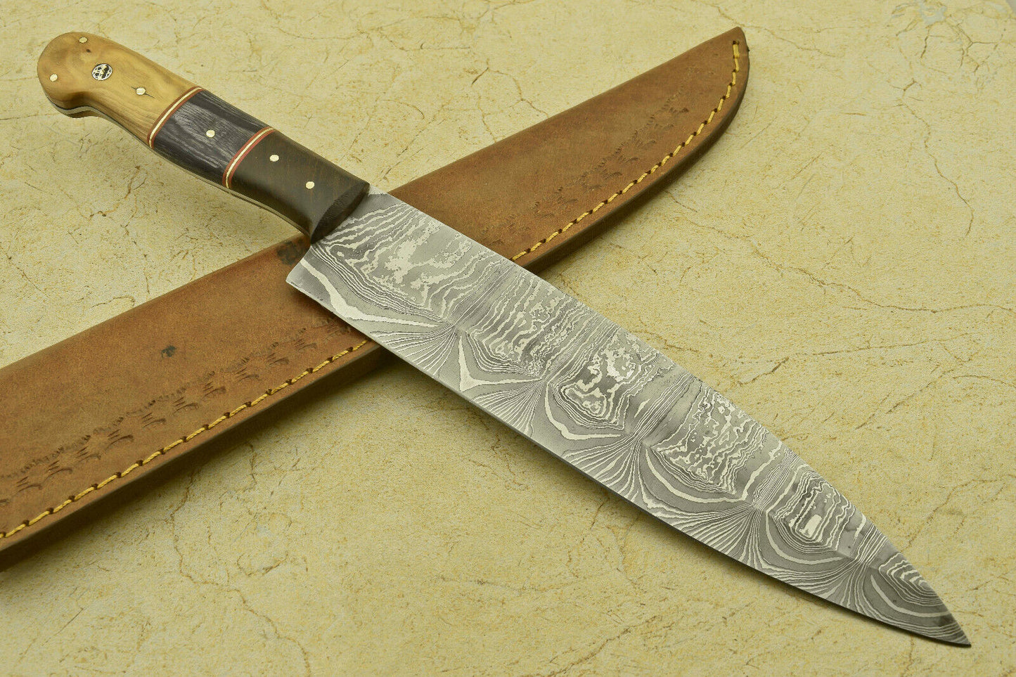 Custom Handmade Forged Damascus Steel Chef Kitchen Knife with Pakka, Olive & Rose Wood Handle – 13.50"